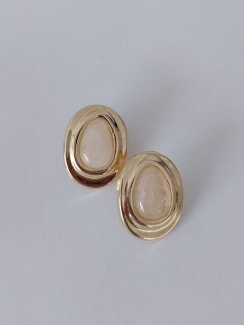 Beyaz Sedefli Vintage Oval Küpe