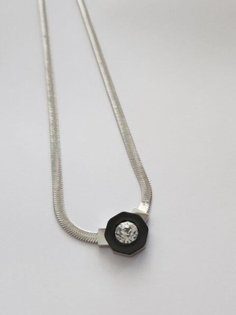 Çelik İtalyan Zincirli Siyah Detay Taşlı Kolye