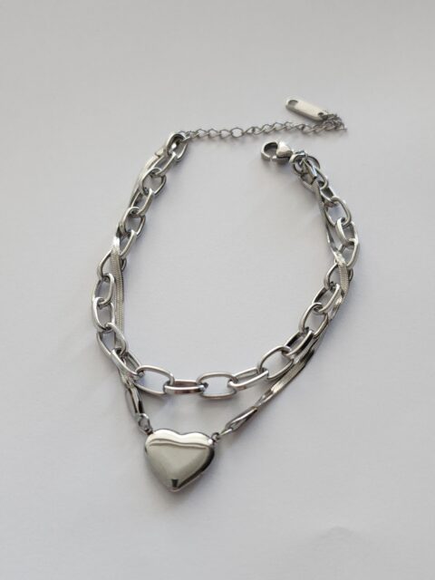 İkili Zincirli Kalp Charmlı Bileklik Silver