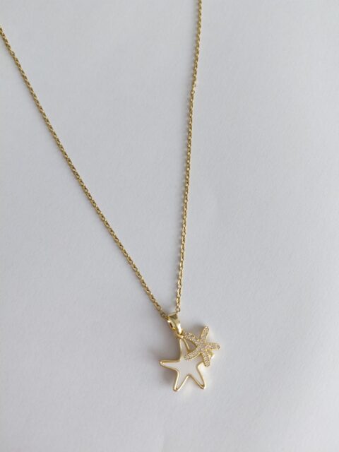 Sedefli Taşlı Yıldız Çelik Kolye Gold