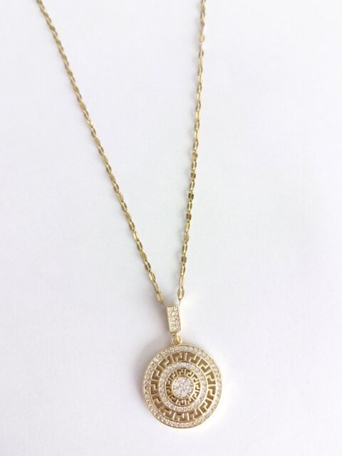 Taşlı Madalyon Çelik Kolye Gold