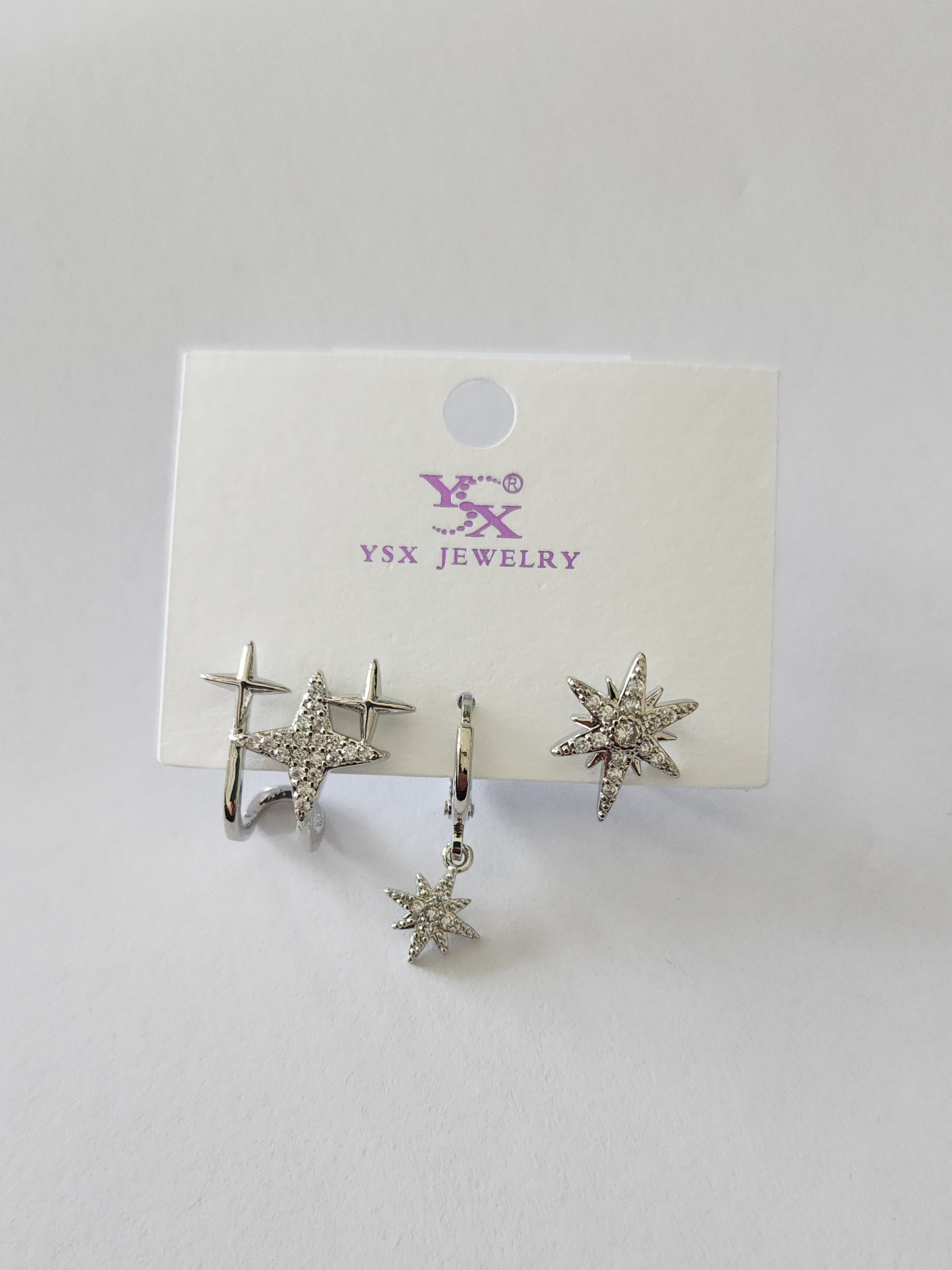Taşlı Yıldızlı Üçlü Set Küpe Silver