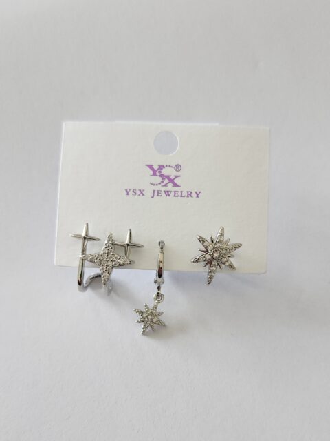Taşlı Yıldızlı Üçlü Set Küpe Silver
