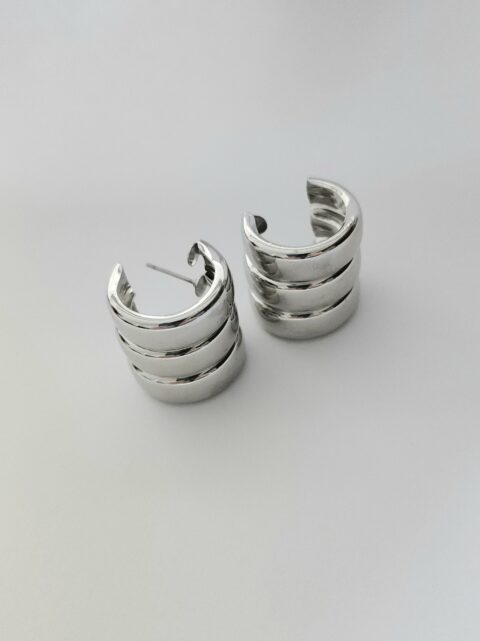 Üçlü Plaka Halka Çelik Küpe Silver