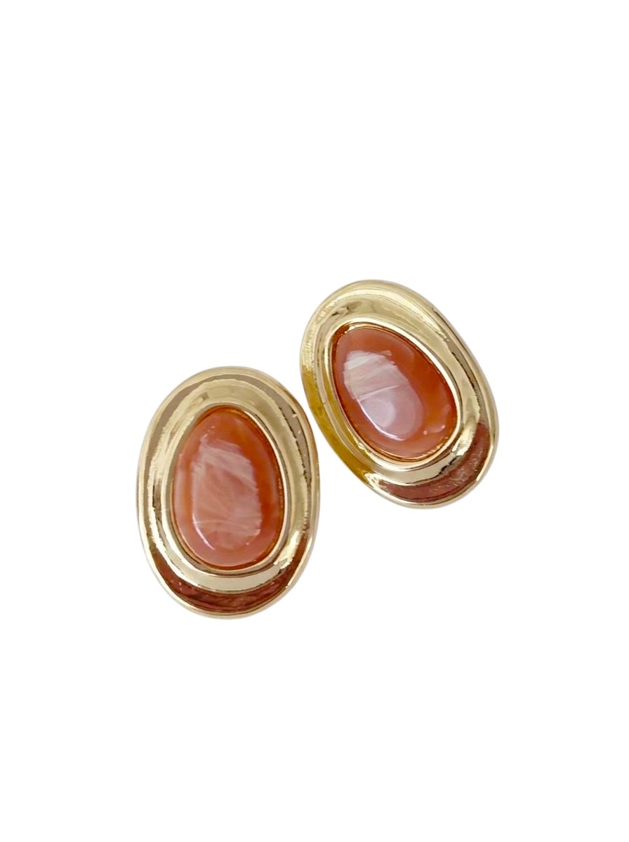 Kahverengi Mineli Vintage Oval Küpe