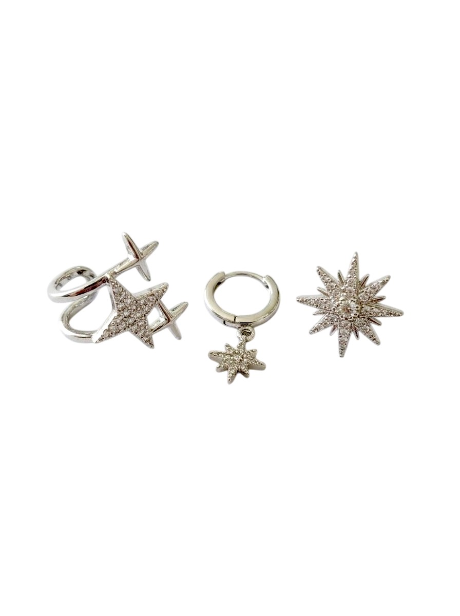 Taşlı Yıldızlı Üçlü Set Küpe Silver