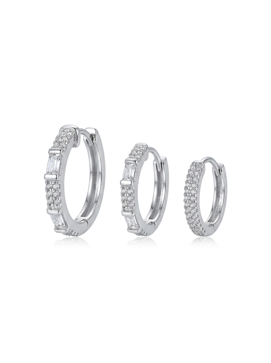 Zirkon Taşlı Üçlü Halka Set Küpe Silver